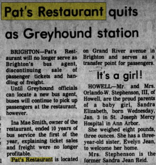 Pats Restaurant - Jan 1973 Greyhound No More
